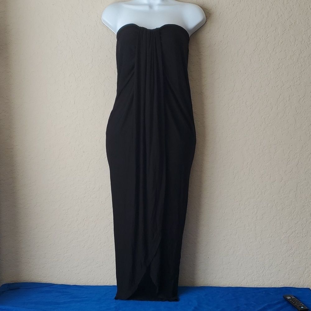 Sabora Strapless Black Maxi Dress Size Medium Draped Front Bodycon Longline**